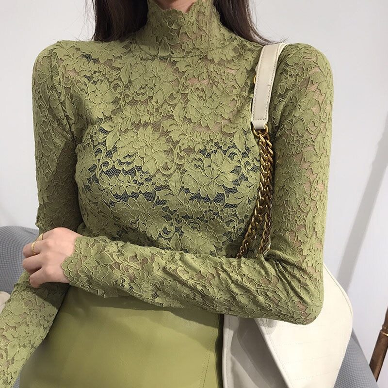 Half High Collar Lace Bottomed Blouse Mesh Hollow Out Long Sleeve Shirt Plush
