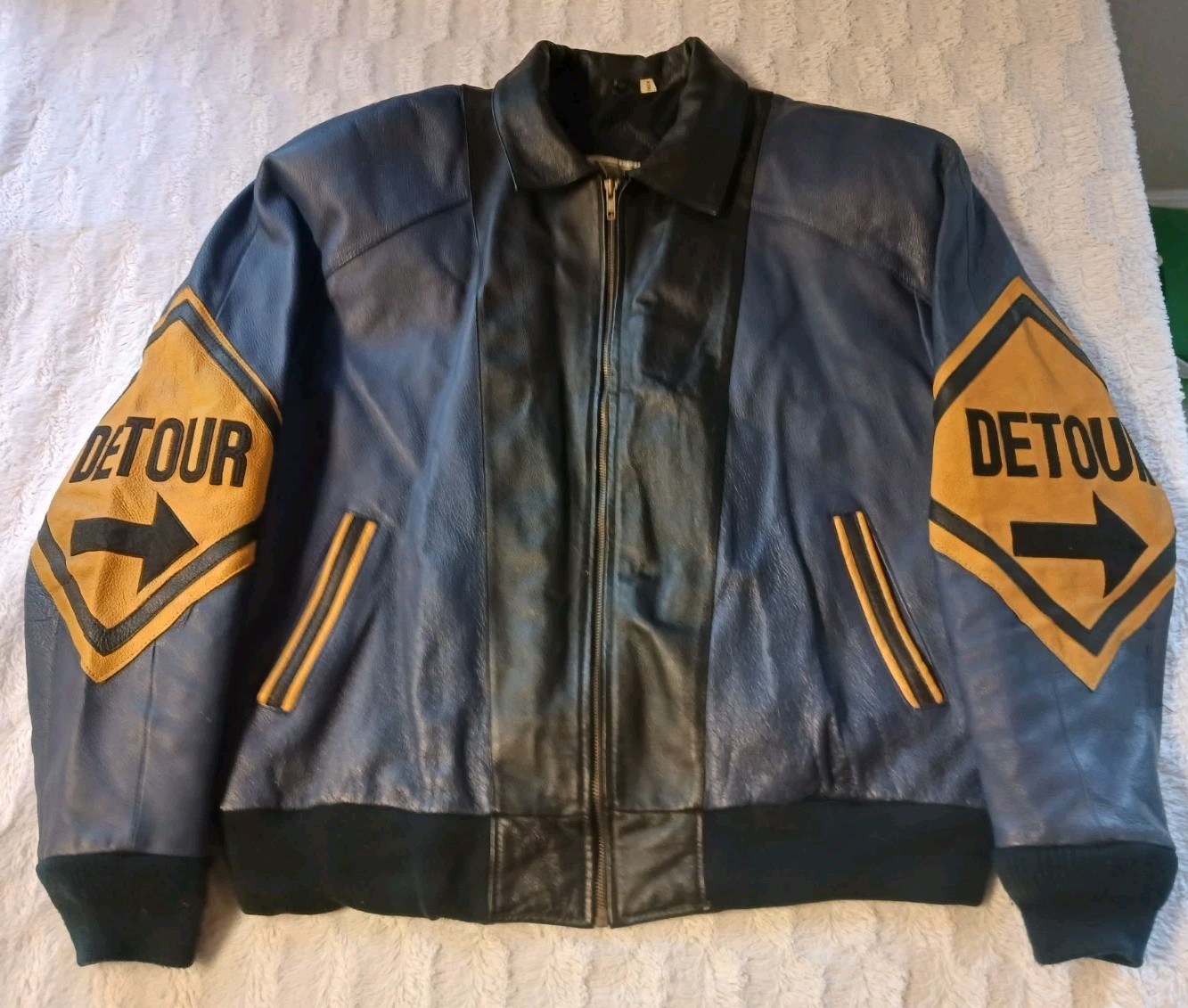Vintage Phase 2 Detour Road Work Sign Leather Jacket Men’s XL 1980s Black/Blue
