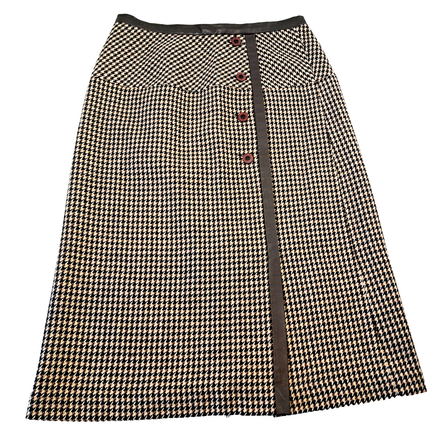 Houndstooth Wool Blend Faux Leather Trim A-Line Skirt Wm’s Small 27″x26″ Brown