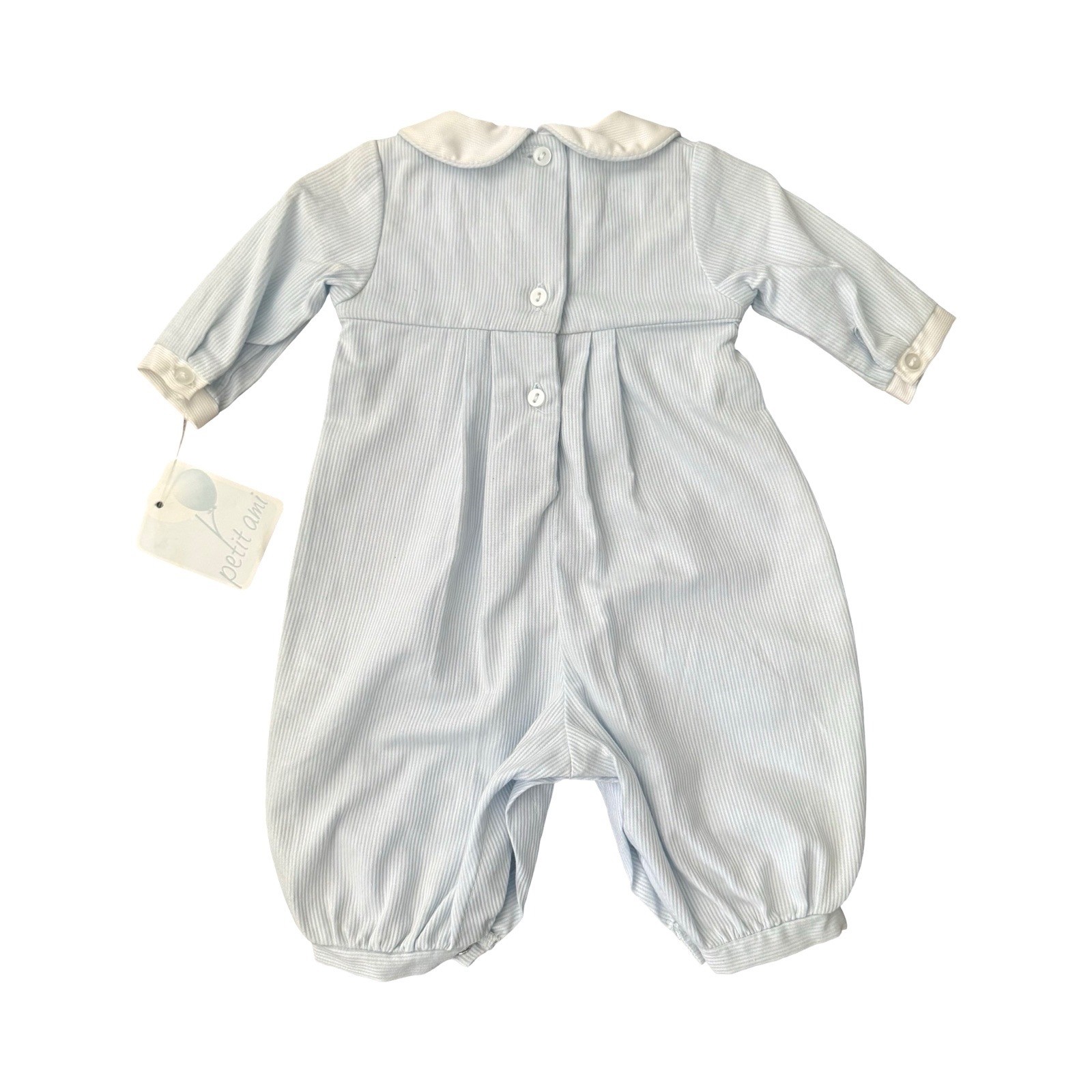 Petit Ami Smocked Train Romper Bonnet Set Blue White Stripe NWT Preemie Baby Boy