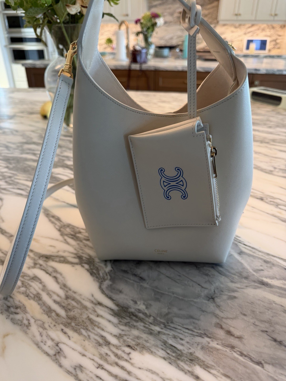 CELINE Triomphe Light Blue Small Bucket Shoulder Bag Detachable Strap Pouch