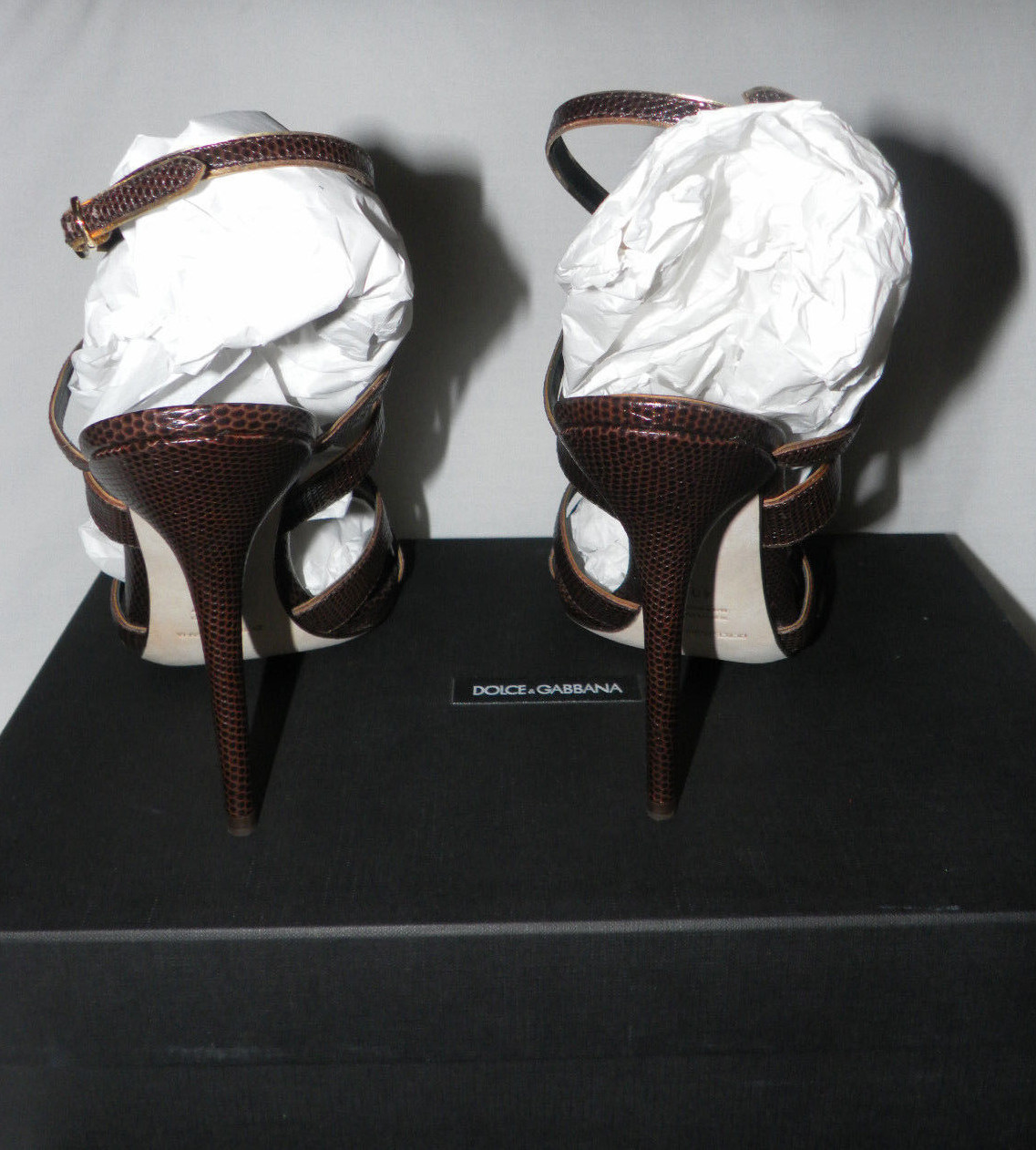 DOLCE & GABBANA LIZARD STRAPPY T-STRAP SLINGBACK STILETTO SANDALS BROWN Sz. 40