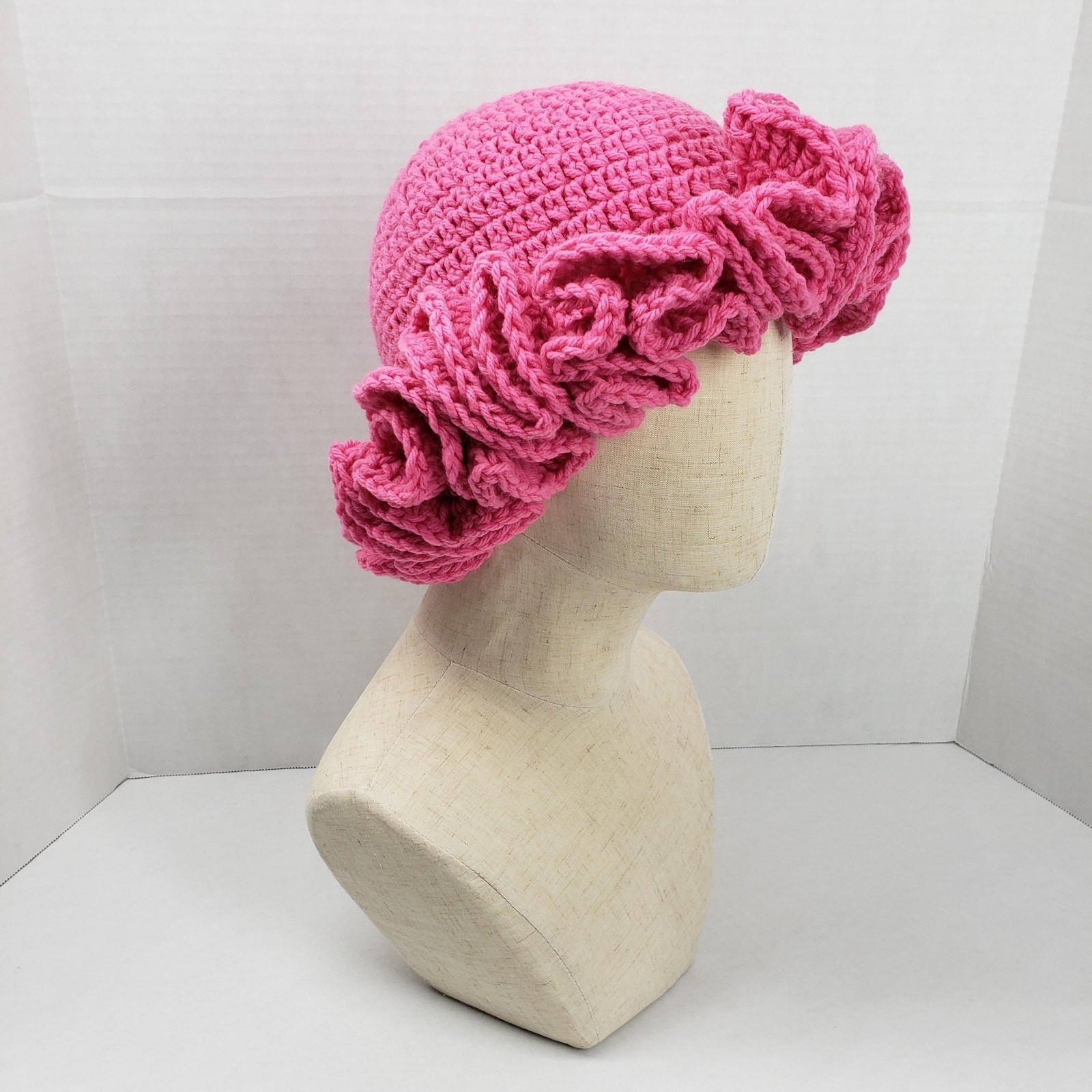 Handmade Crochet Ruffle Hat Pink Statement Bonnet Cozy Winter Unique Artisan