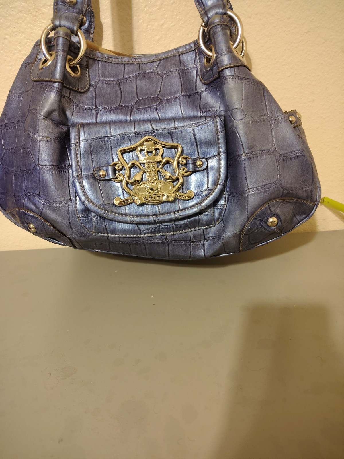 Kathy VanZeeland Metallic Silver Croc-Embossed Handbag with Crest Emblem