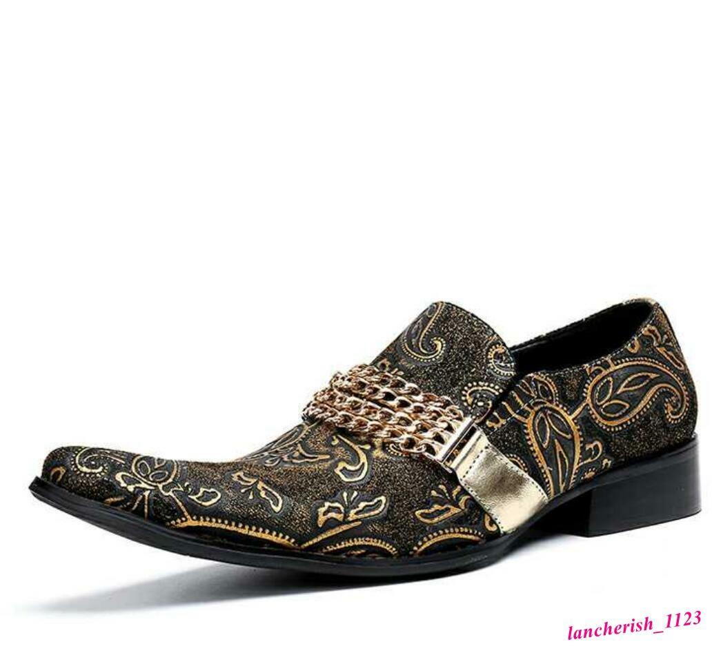 Chain Men’s Leather Shoes Nightclub Formal Pointed Toe Britain Embroidery Retro
