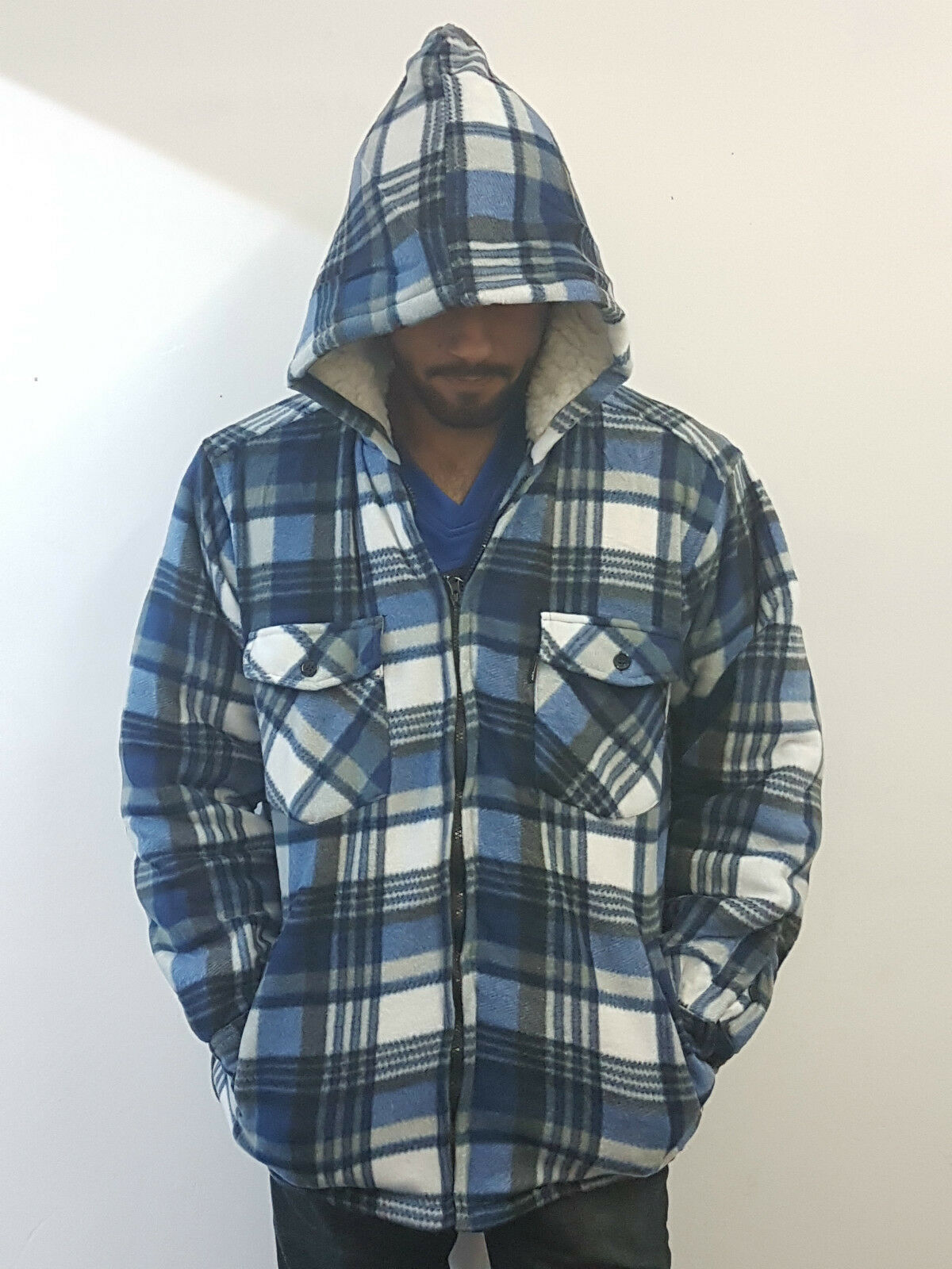 FUR FLEECE LINED WARM LUMBERJACK CHECK SHIRT JACKET WITH/WITHOUT HOOD GILLICCI