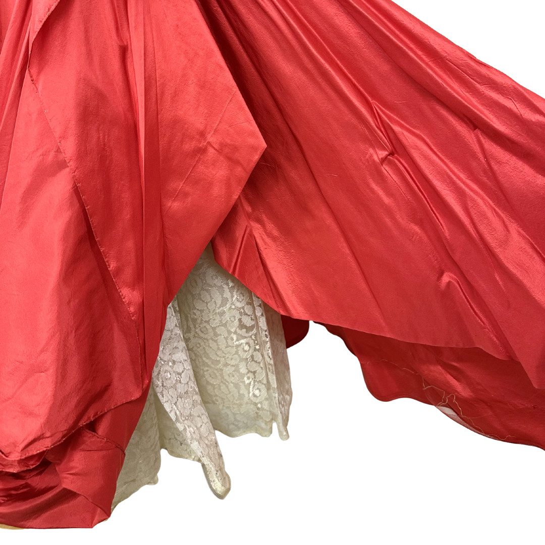 Vintage 1950s Ceil Chapman Red Taffeta Draped Bustle Pointed Bust Dress