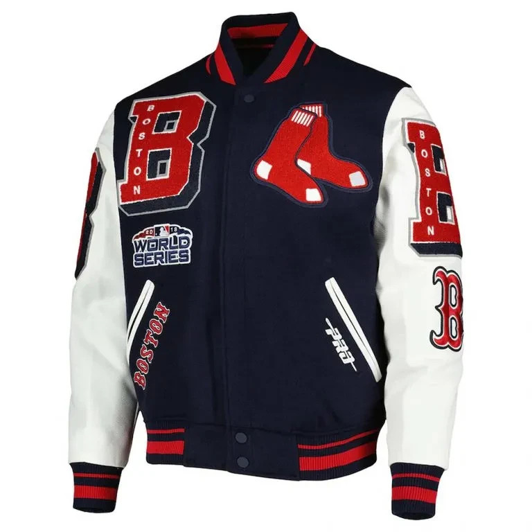 Boston Red Sox Navy Blue Wool Genuine Leather Sleeves Varsity Letterman Jacket