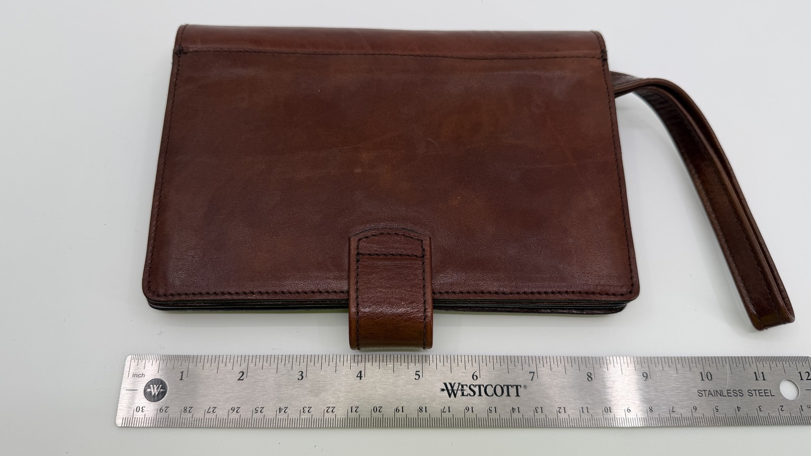 Vintage Brown Leather Envelope Wristlet Clutch Brass Push Lock Triple Zip