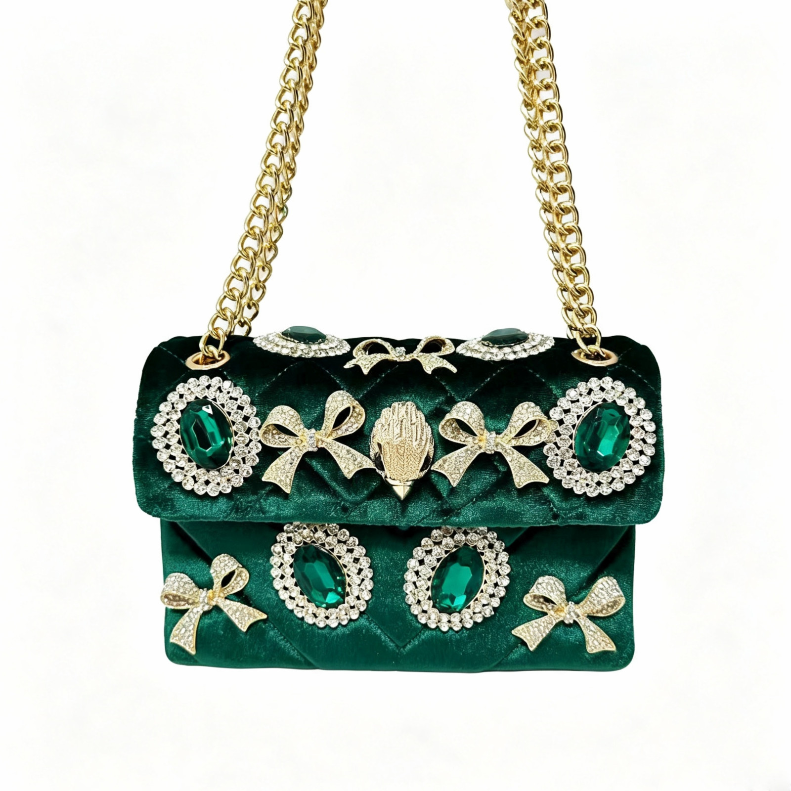 Kurt Geiger London Green Velvet Quilted Bow Emerald Crystal Eagle 20×8×15 cm
