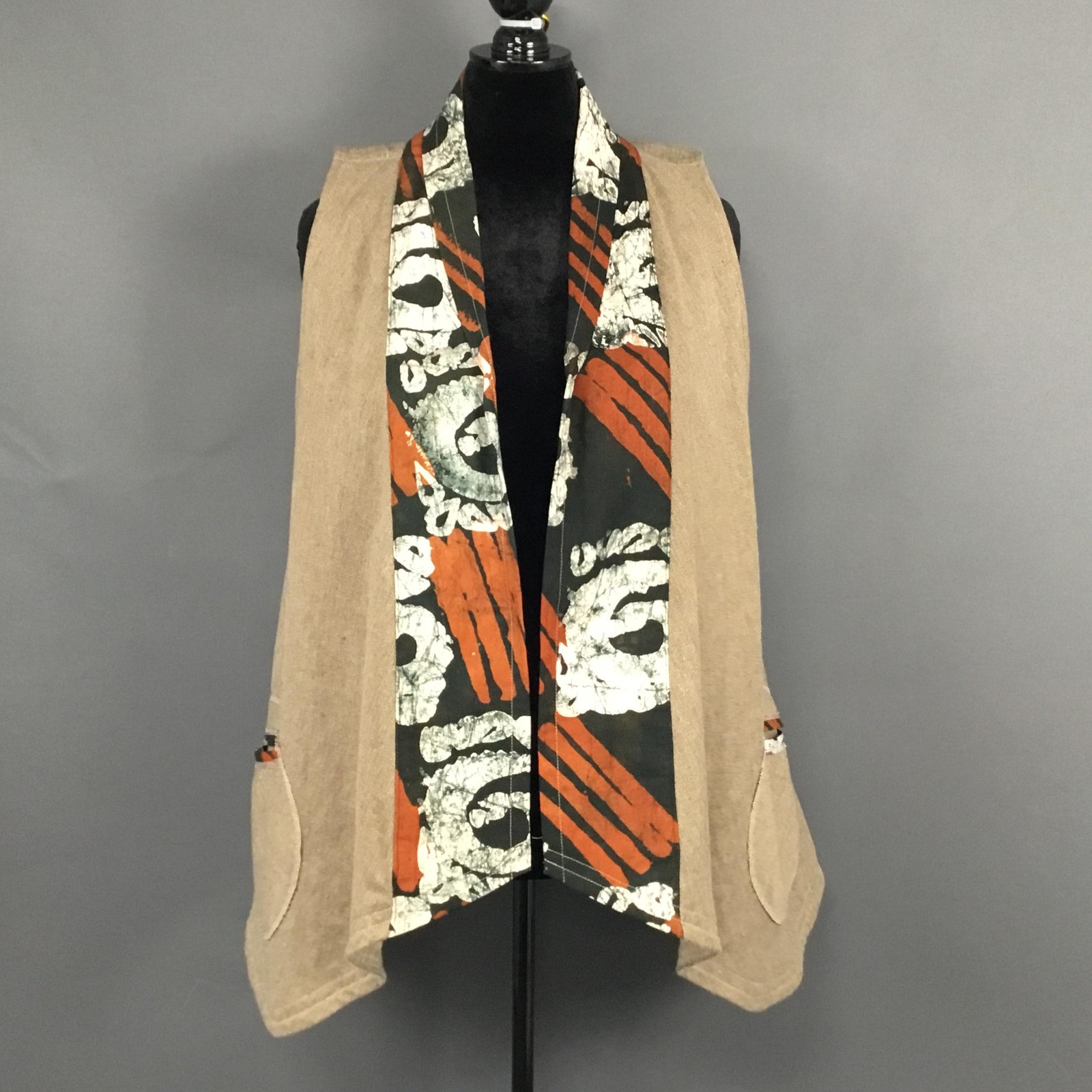 Custom Made Vest Womens XL Tan Black Orange Open Front Draped Boho Pockets