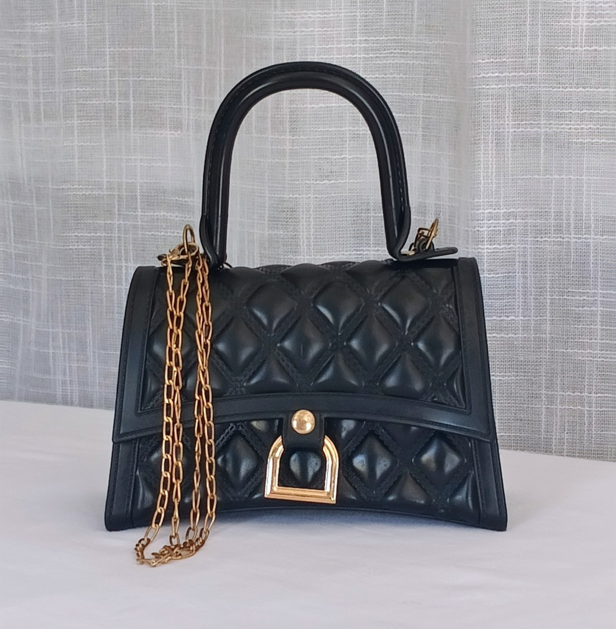 Black Quilted Turn Lock Top Handle Satchel with Gold Chain & Detachable Strap