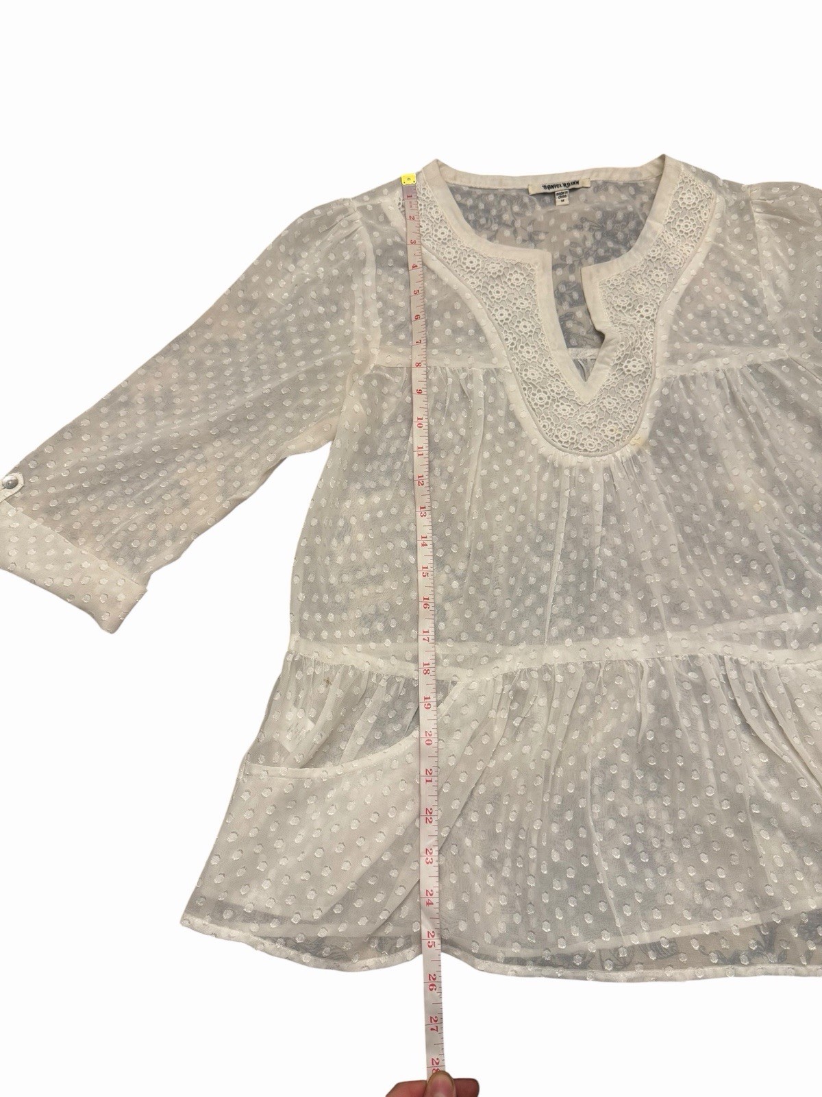 DANIEL RAINN Sheer White Blouse Roll Tab Sleeve MED Pockets Polka Dot Lace STAIN