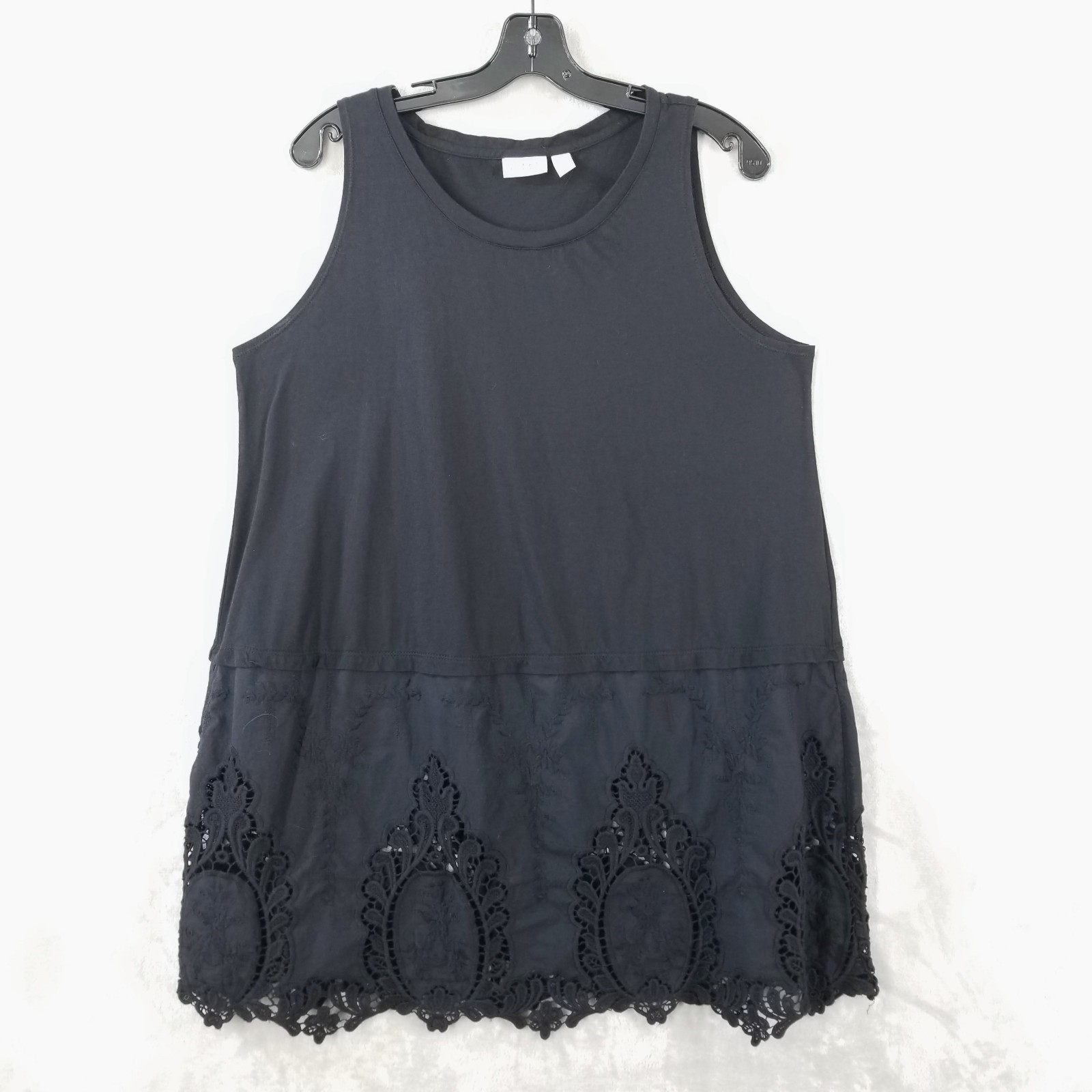 LOGO Lori Goldstein Tank Top Women L Black Eyelet Lace Artsy Relaxed Lagenlook