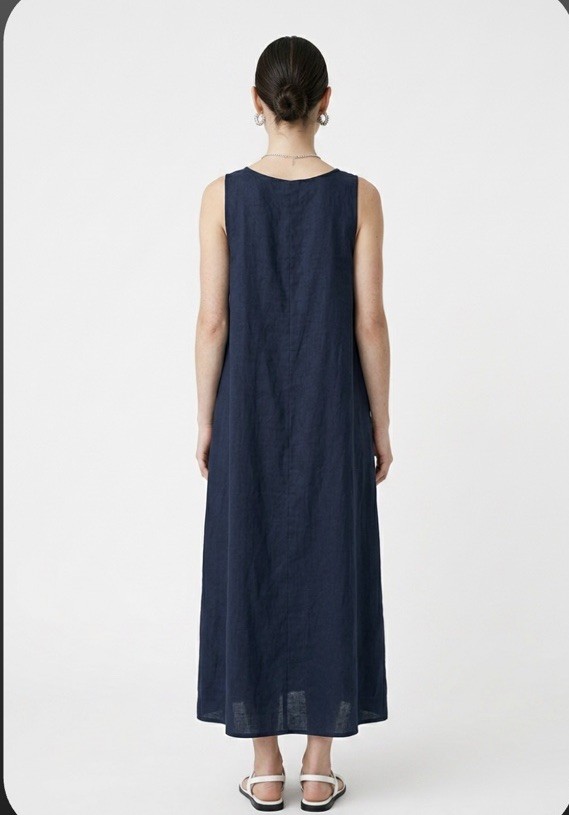 Eileen Fisher navy blue organic linen long dress with pockets XS NWT