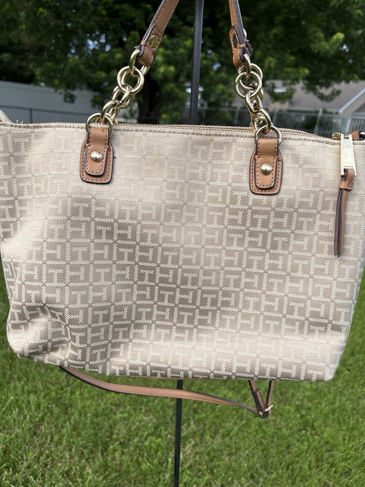 Tommy Hilfiger Coin with Chain Monogram Jacquard Travel Tote Khaki Tonal Logo