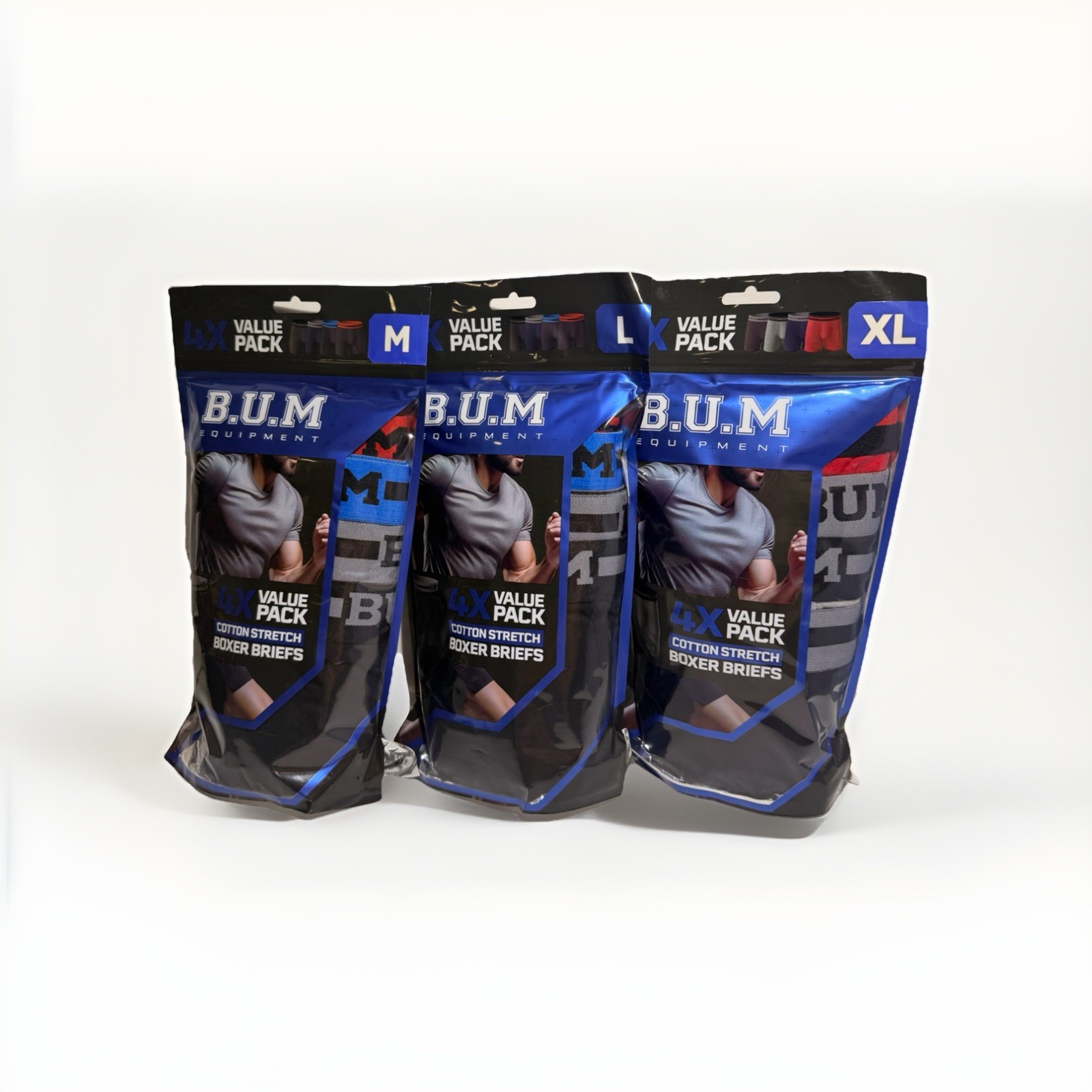 New B.U.M. Equipment Men 4 Pack Cotton Stretch Boxer Briefs Sizes M, L, XL