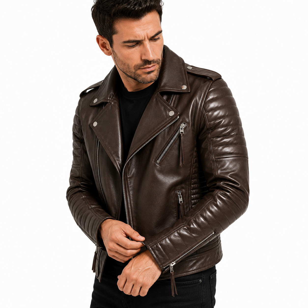 Men’s Dark Brown Real Lambskin Leather Biker Jacket Quilted Motorcycle Moto Coat