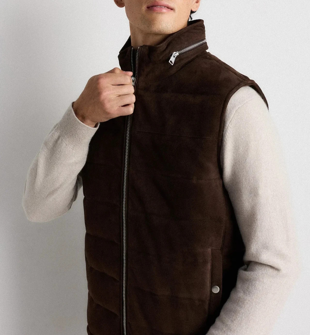 Dark Brown Suede Leather Quilted Puffer Vest for Men Size XS S M L XL XXL 3XL