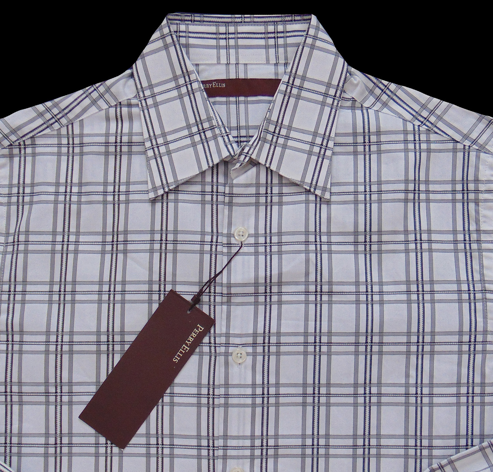 Men’s PERRY ELLIS White Black Gray Plaid Shirt Small S NWT Slight Defect