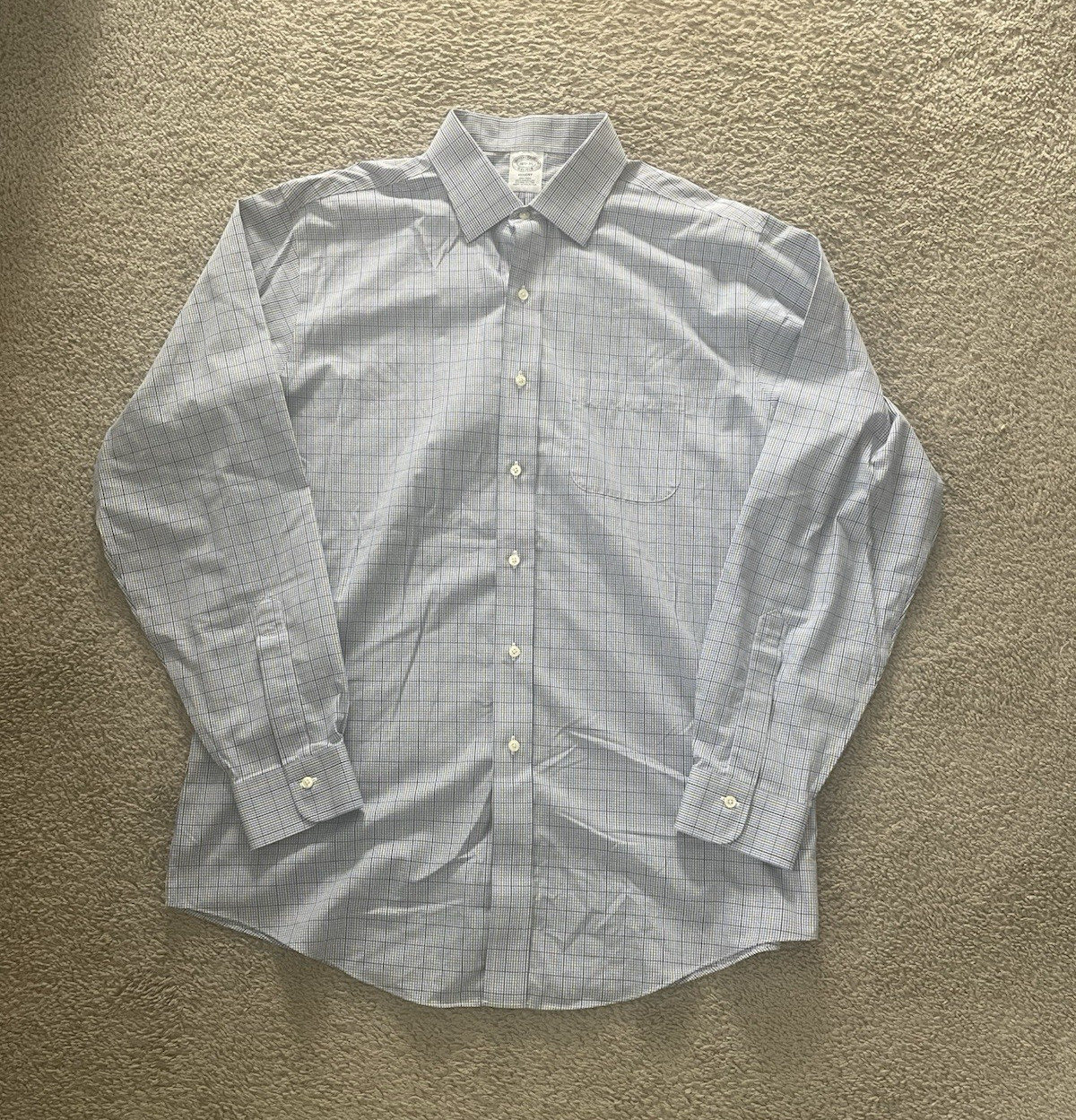 Brooks Brothers Regent Dress Shirt 16.5 35 Blue Green Plaid Supima Cotton NoIron