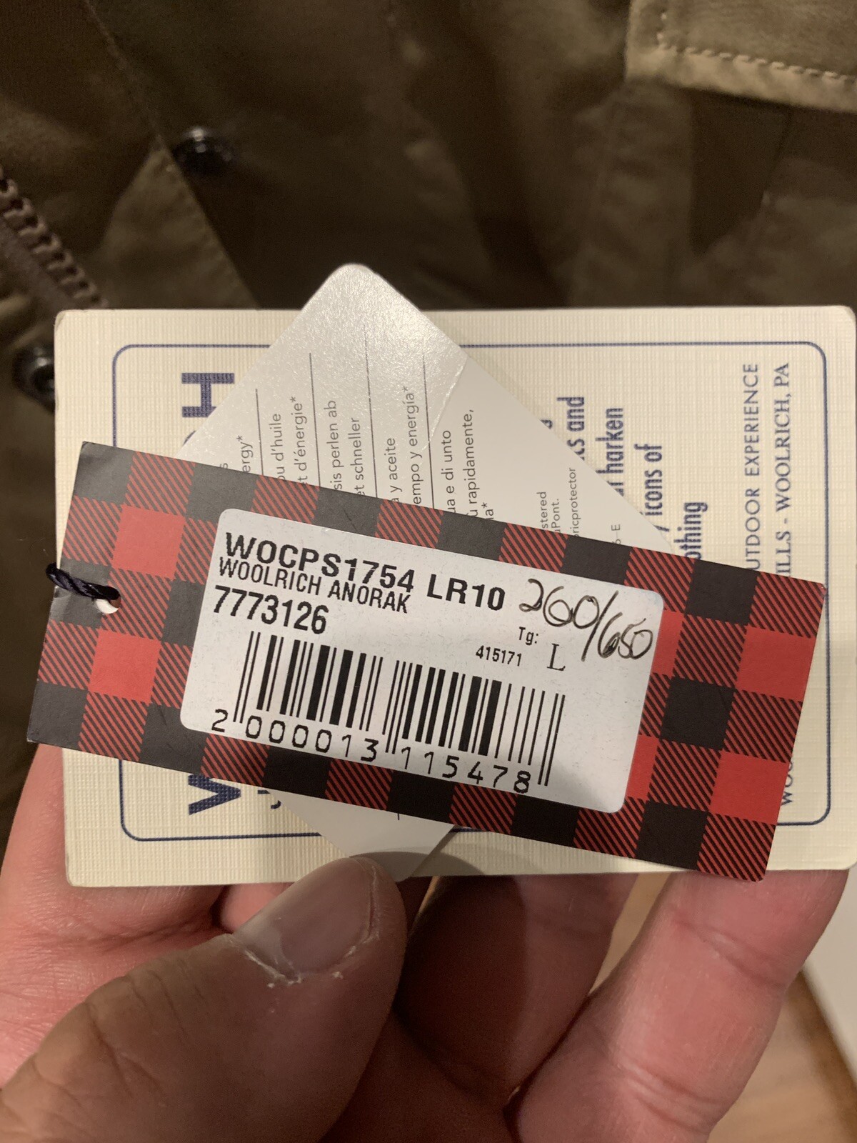 Woolrich Jacket NWT Sz L Navy Khaki Water Resistant Sealed Seams
