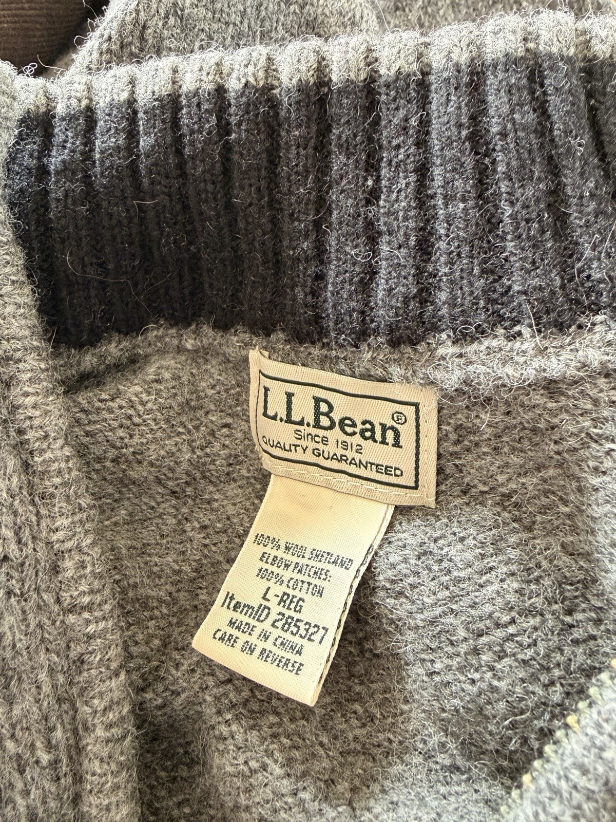 LL Bean 100% Wool Shetland Sweater Mens Large Gray 1/4 Zip Pullover Elbow Patch