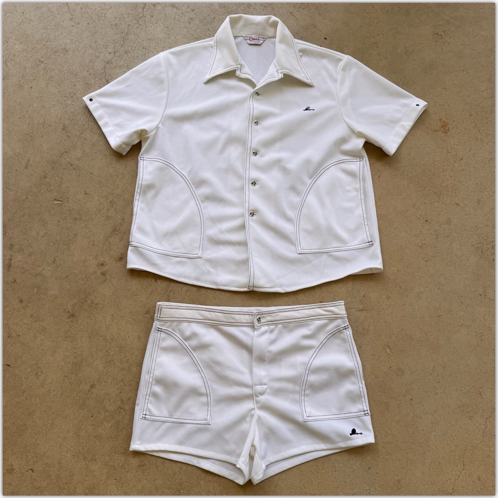 60s 70s Vintage Catalina California Nautical Cabana Set Beach Swim Shirt Shorts