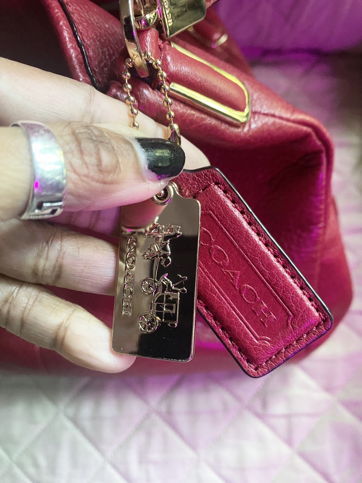 Coach Madison Phoebe Shoulder Bag in Cherry Red Pebble Leather has 3 sections