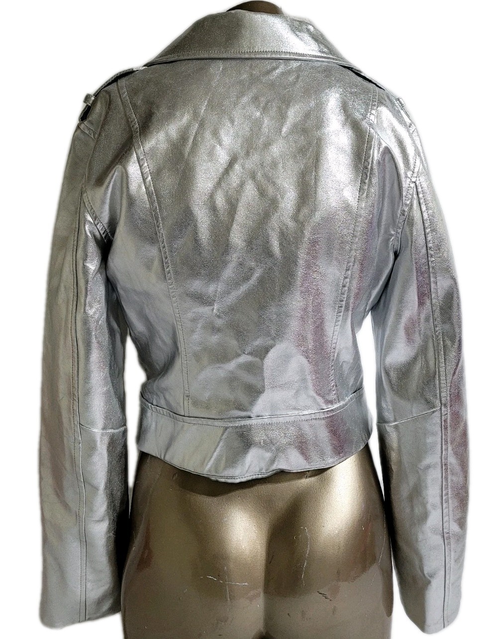 Haoduoyi Womens Size M Silver Metallic Faux Leather Full Zip Long Sleeve Jacket
