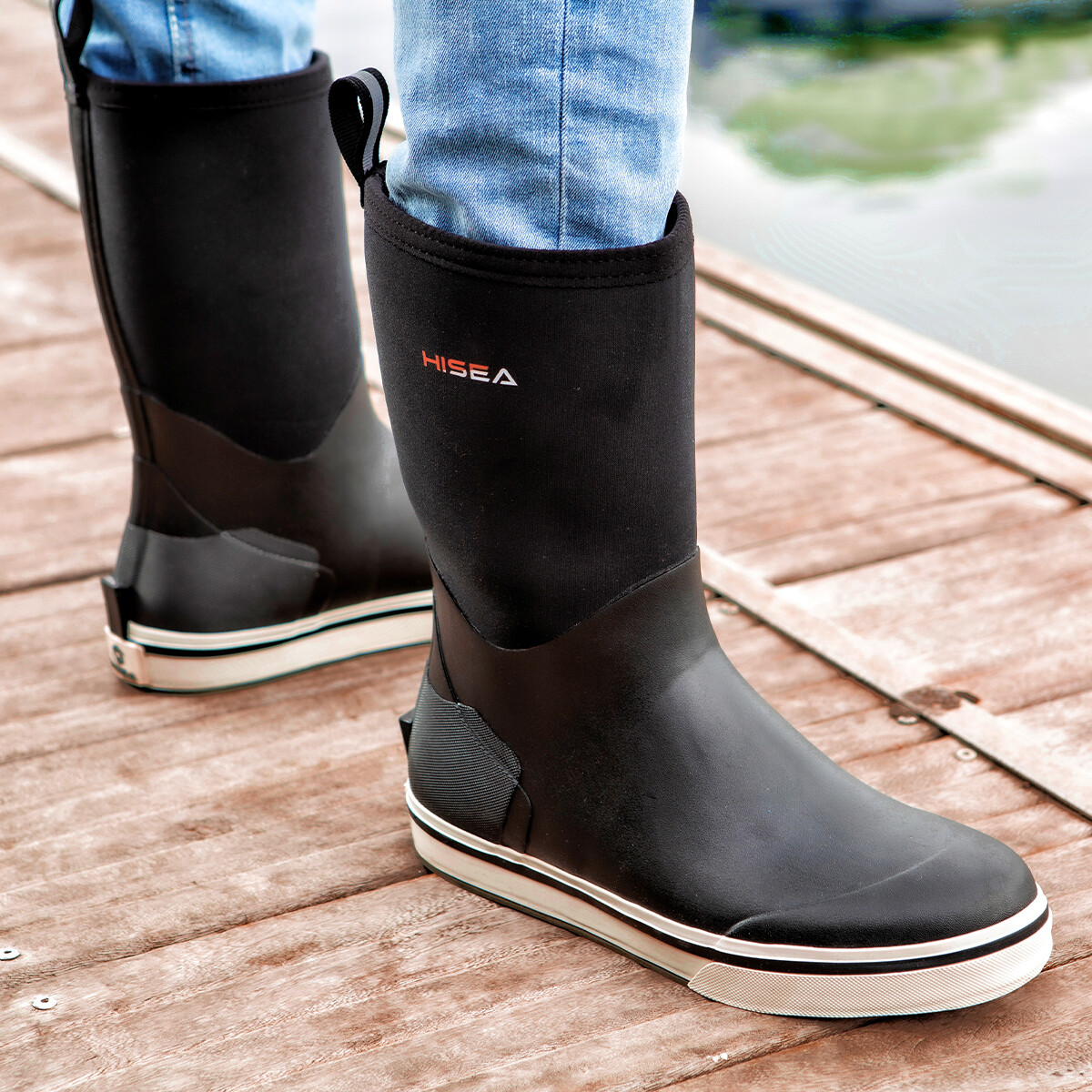 HISEA Men Mid-Calf Fishing Deck Boots Waterproof Non-Slip Gardening Rain Boots