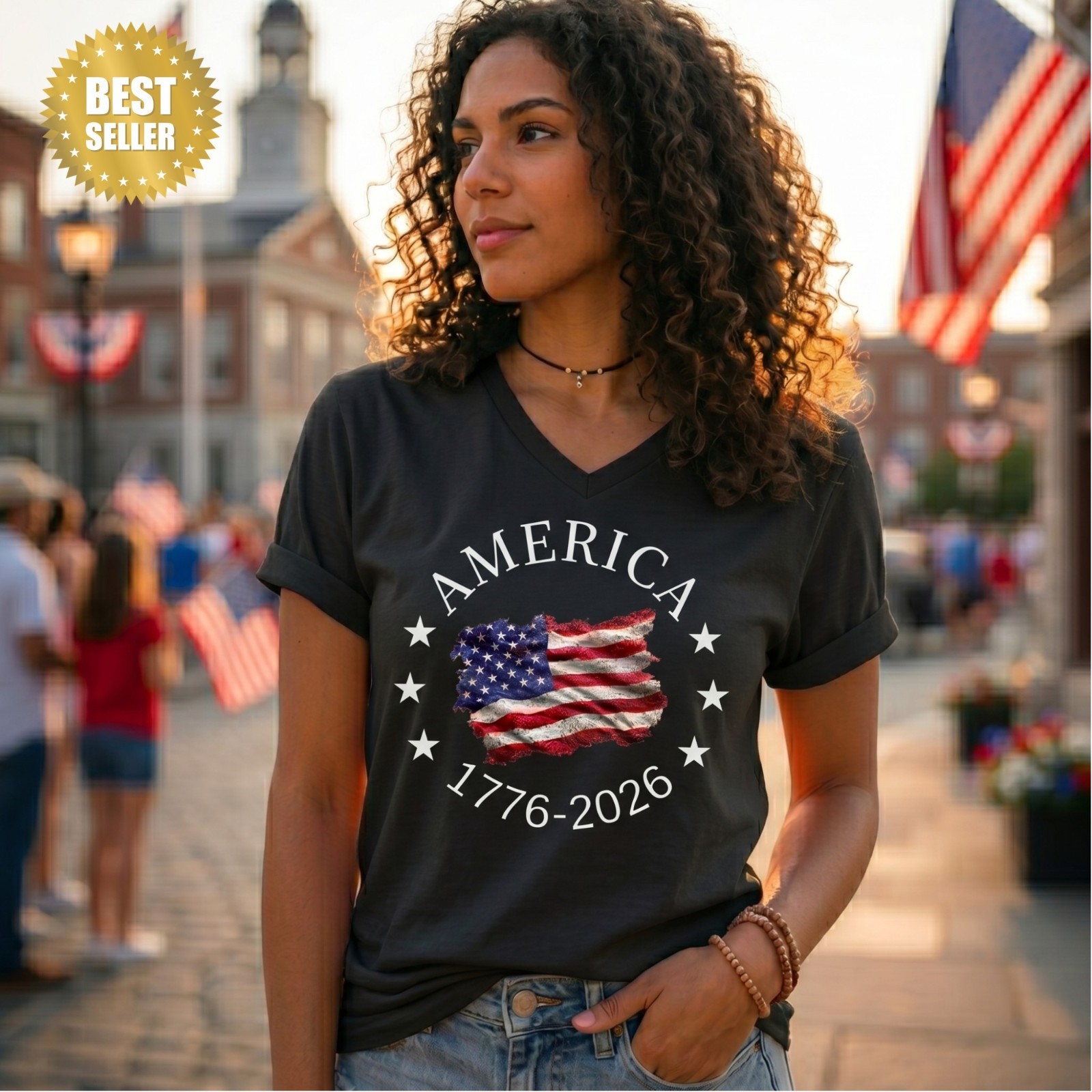 250th Anniversary USA Bella Canvas V-Neck Shirt, Patriotic Independence Tee