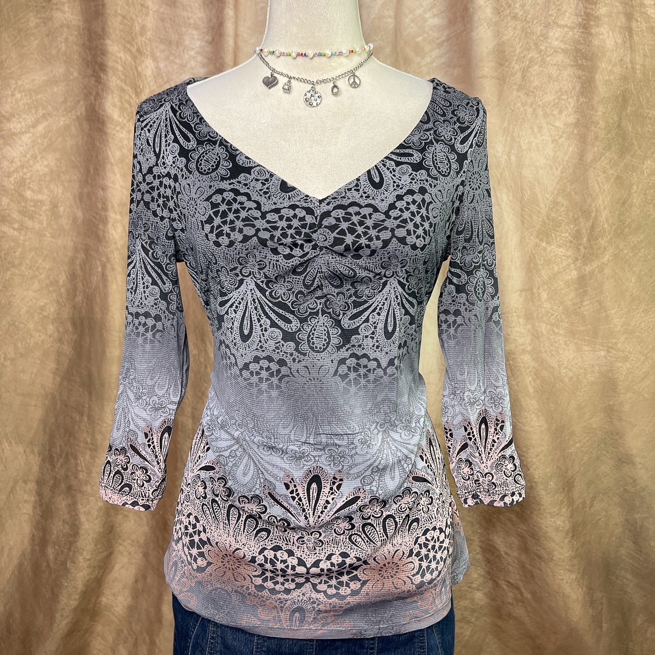Y2K Boho Grunge Top Paisley Mesh Ombre Floral Cinched Front 3/4 Sleeve Indie