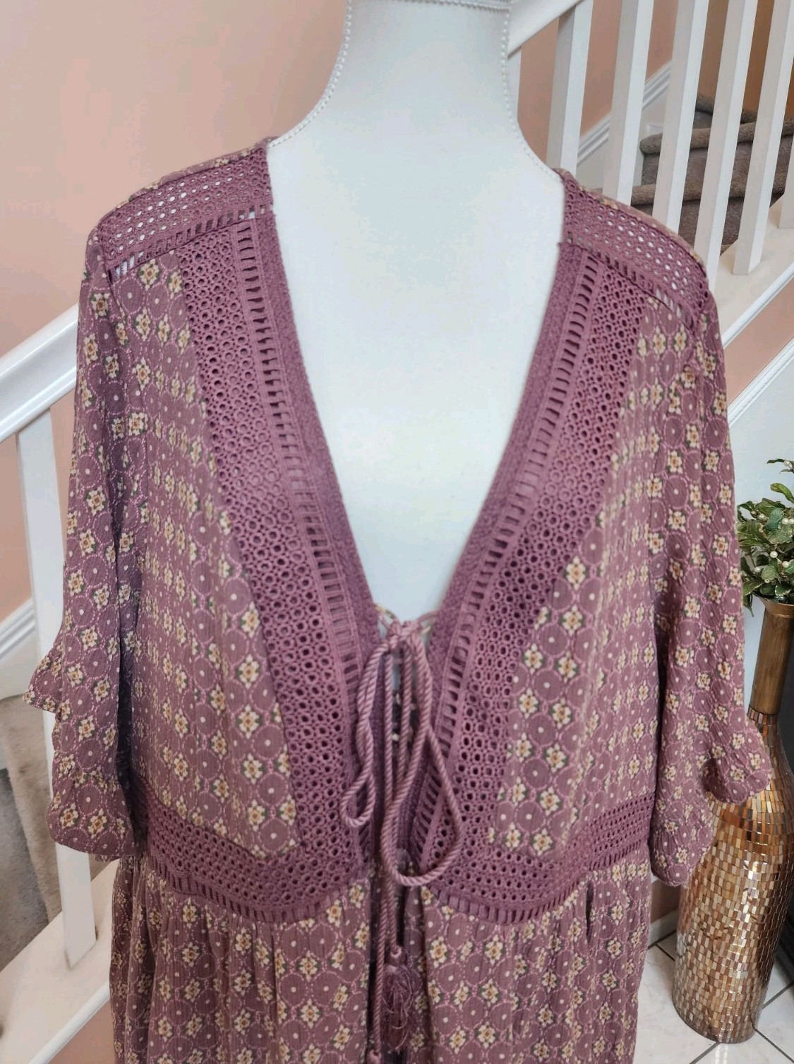 TORRID Mauve Print Crochet Trim Lace Up Short Sleeve Boho Dress Sz 3 3X 22-24