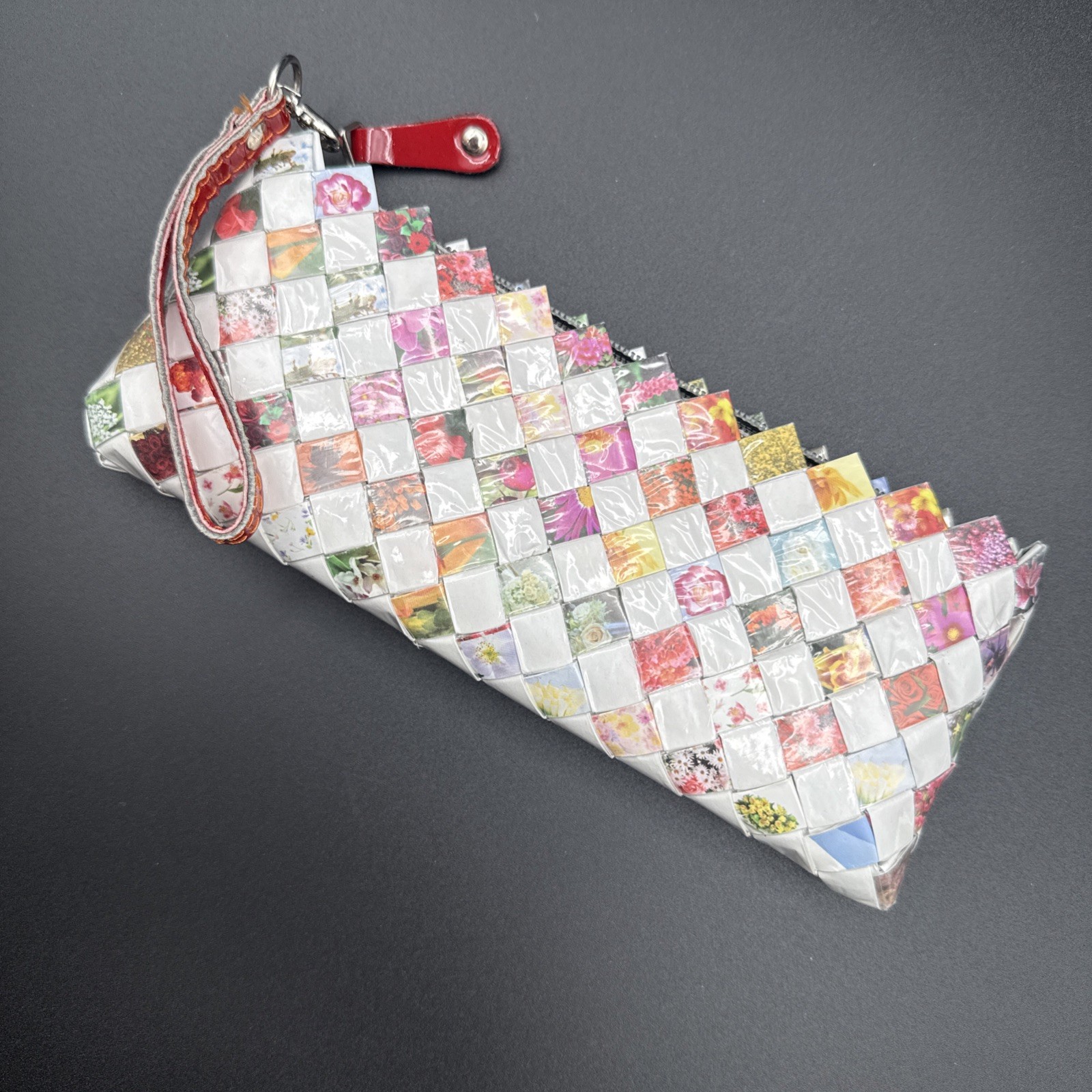 Nahui Ollin White And Floral Candy Wrapper Clutch Purse Wristlet Zip Top Woven