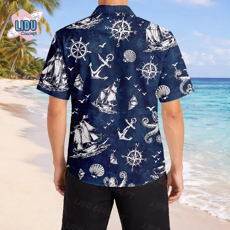 Nautical Anchor Stripe Hawaiian Shirt Mens Beach Aloha Ocean Print