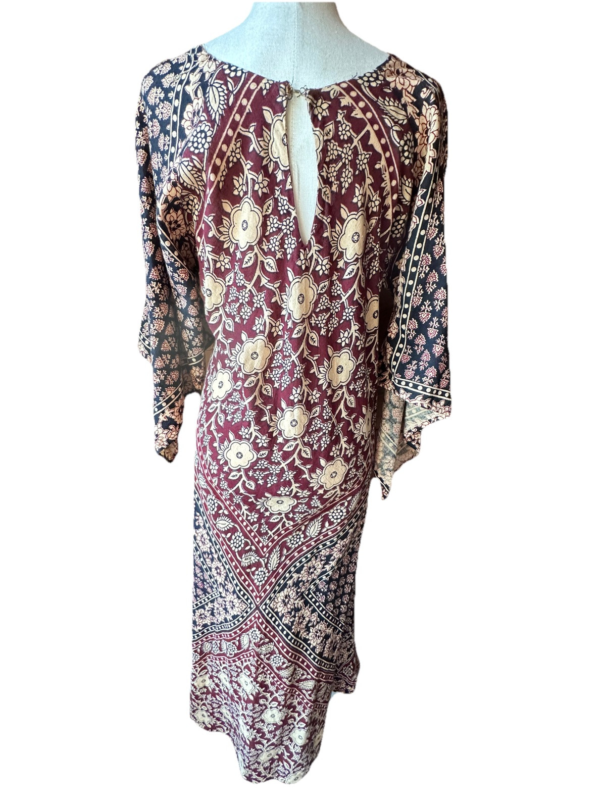 Vtg KAISER Caftan 70s Indian Cotton Floral Print Maxi Dress OS Angel Sleeve GUC