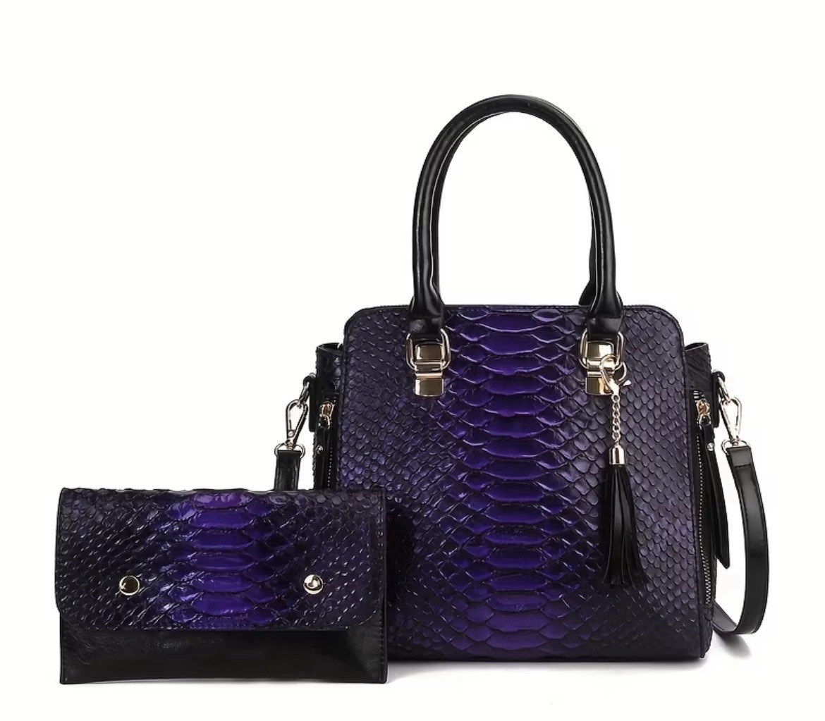 Snake Embossed Brown Satchel Top Handle Bag Zip, Tassel, Detachable Strap