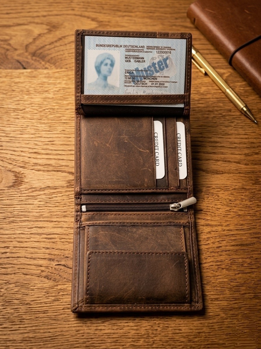 Vintage Brown Knp Leather Trifold Wallet Zipper Coin Pocket Card Holder..