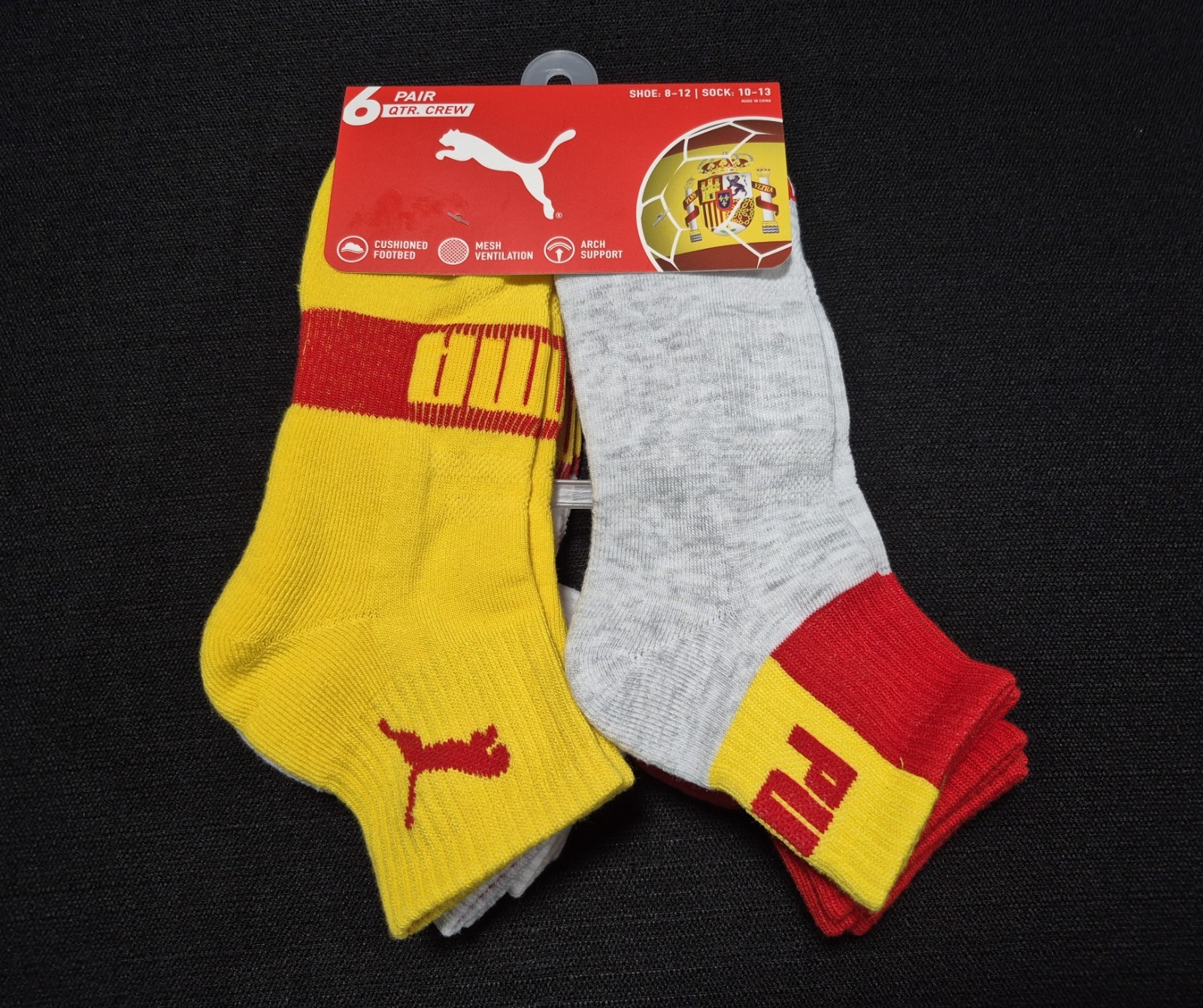 Puma Mens World Cup Soccer Quarter Cushioned Spain Proud Socks 6 Prs Size 8-12
