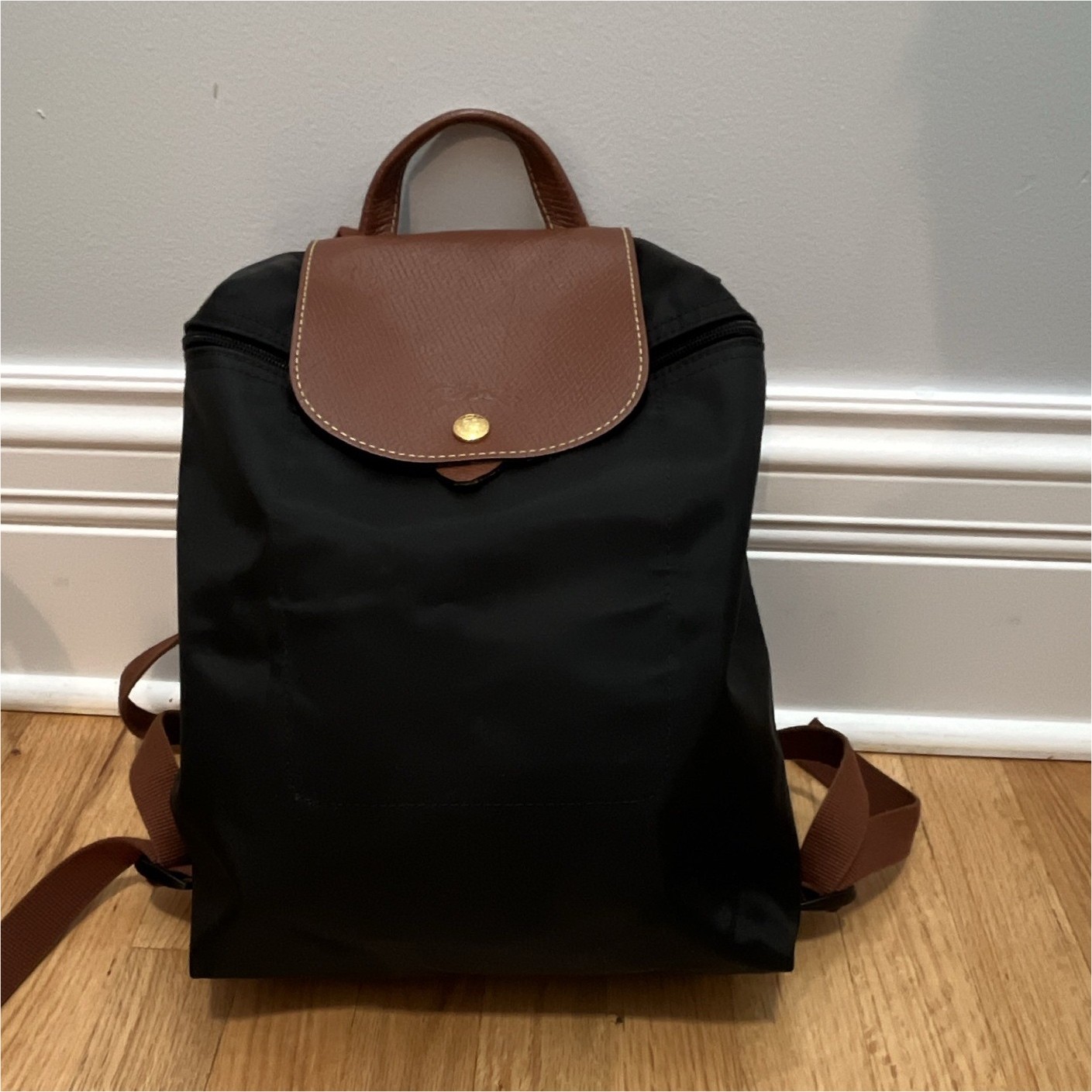 Longchamp Women’s Black Backpack Brown Trim Gold Hardware Snap Zip Closure