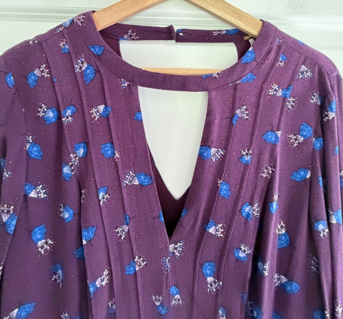 Free People Tegan Mini Dress Size 8 Bell Sleeve Purple Blue Floral Boho Babydoll