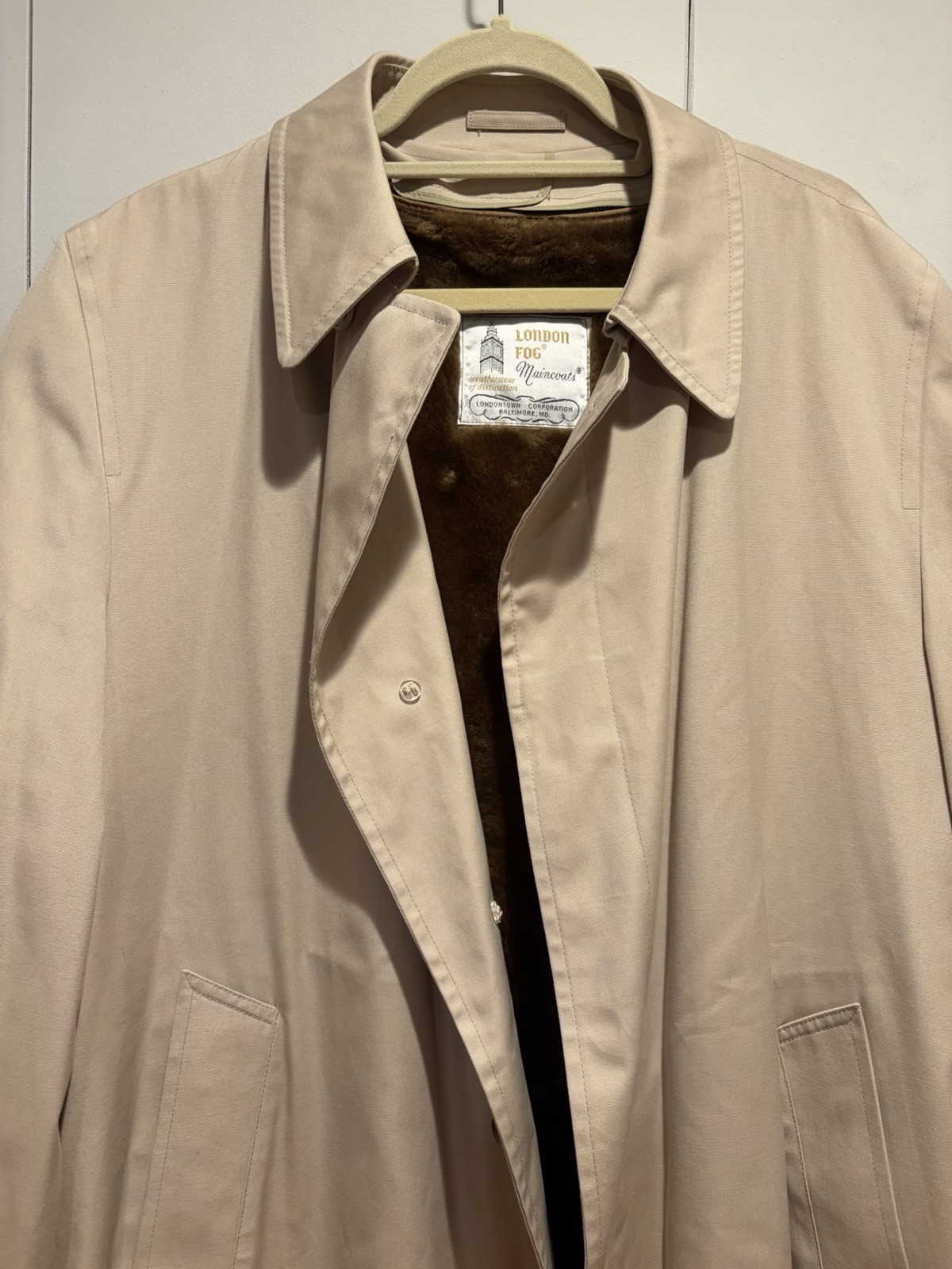 London Fog Maincoats Men’s Trench Coat Beige Canvas removable Faux Fur Lining 44