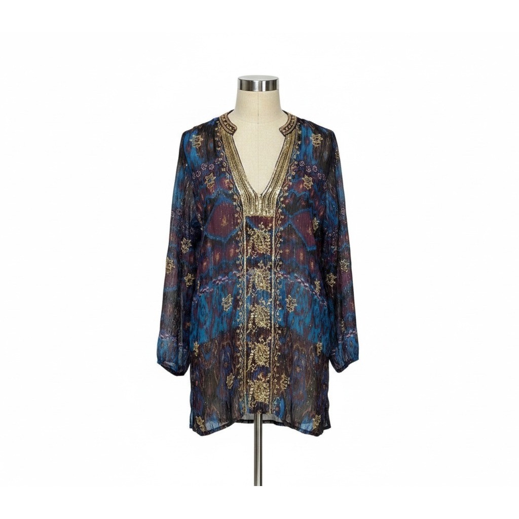 Z.B.D. Design Silk Lurex Tunic Top Beaded Boho Sheer Blue Purple Gold Size 12
