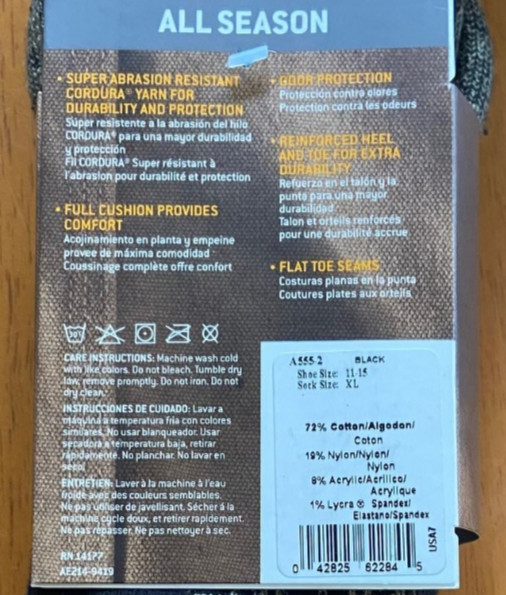 Carhartt A555-2 Steel-Toe Cotton Boot Sock, Black, XL (Shoe size 11-15) 2-Pack