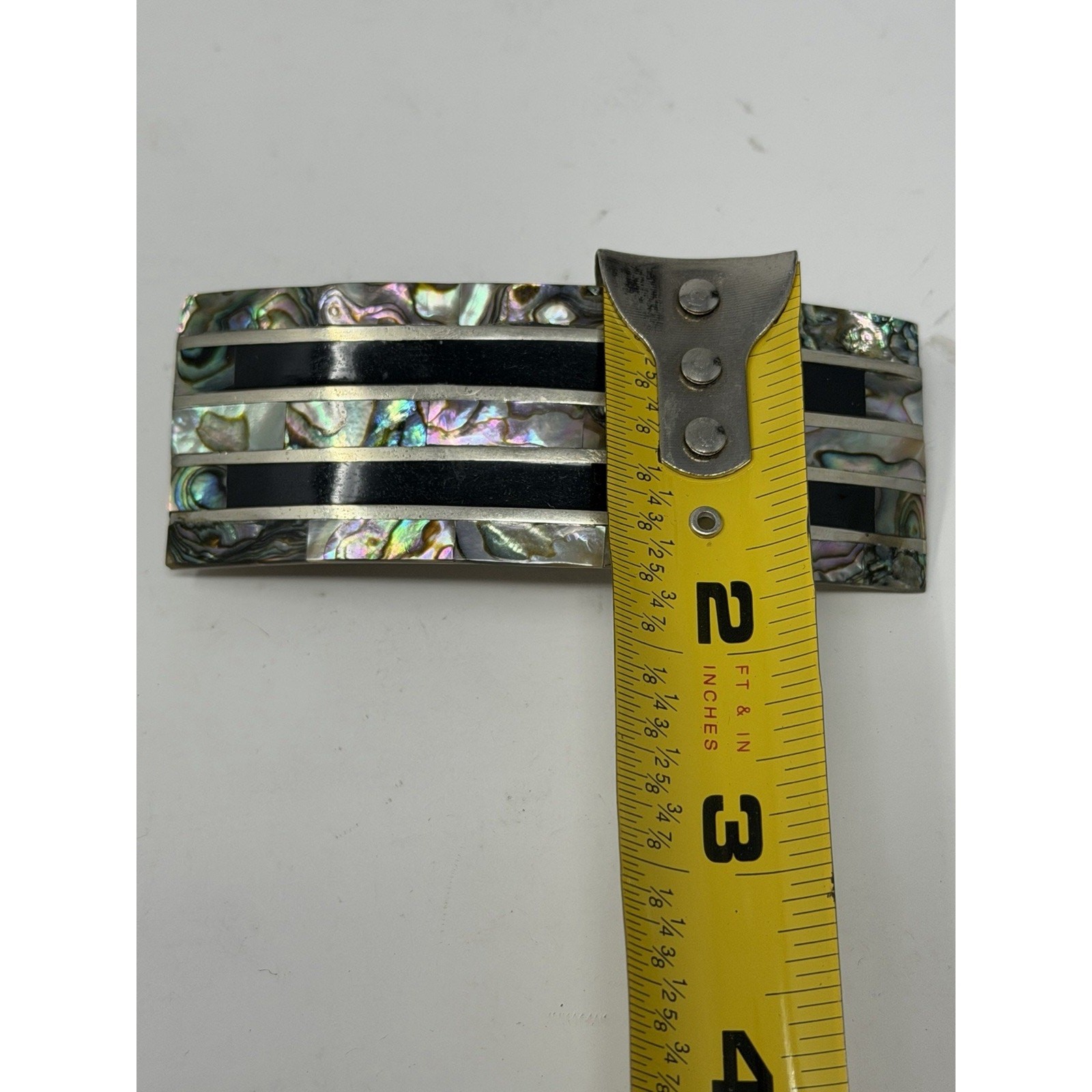Vintage Nickel Silver Abalone Inlay Rectangular Hair Clip Mexico Beach Mermaid