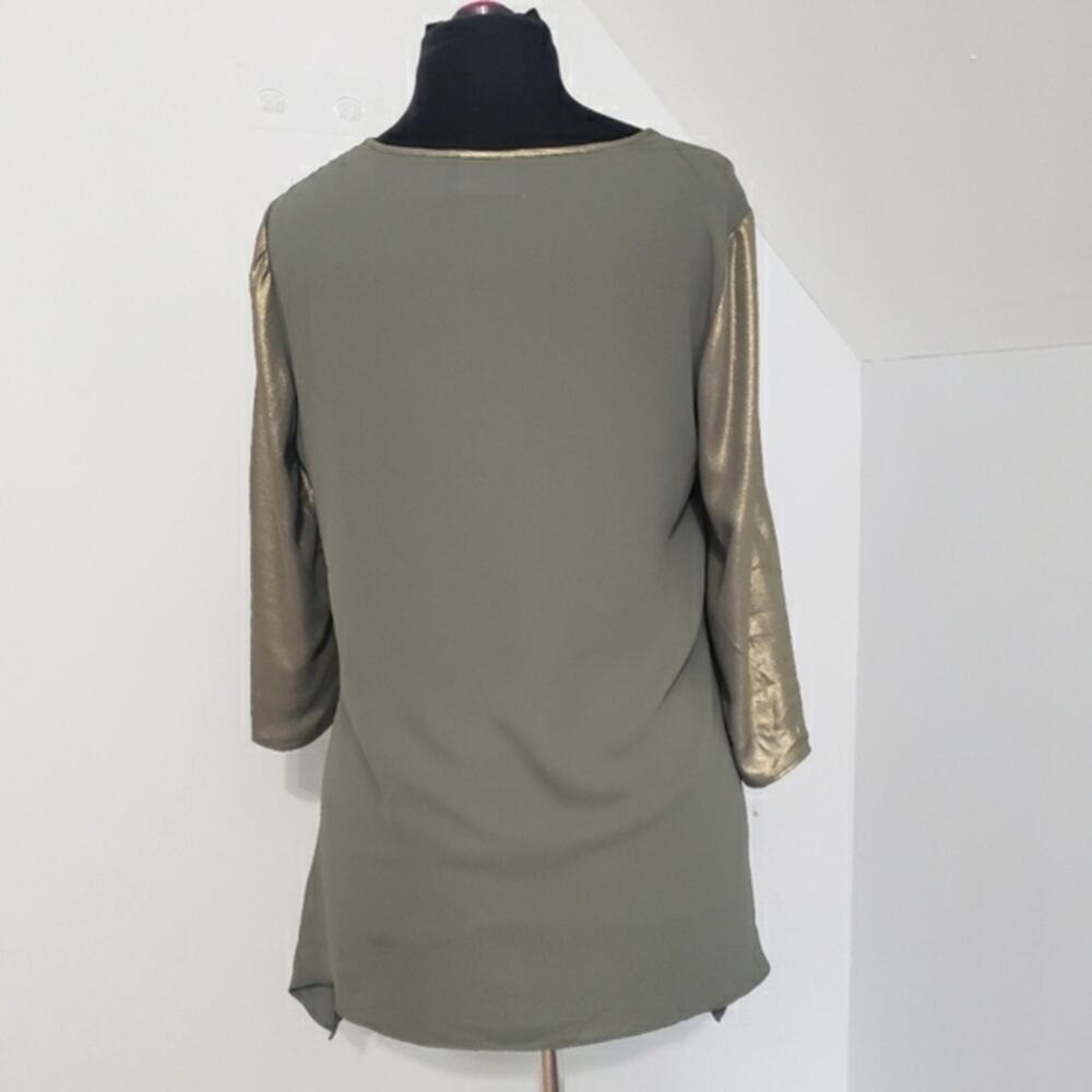 Chico’s Green Gold Metallic Lagenlook Asymmetric Hem Tunic Top Size Medium