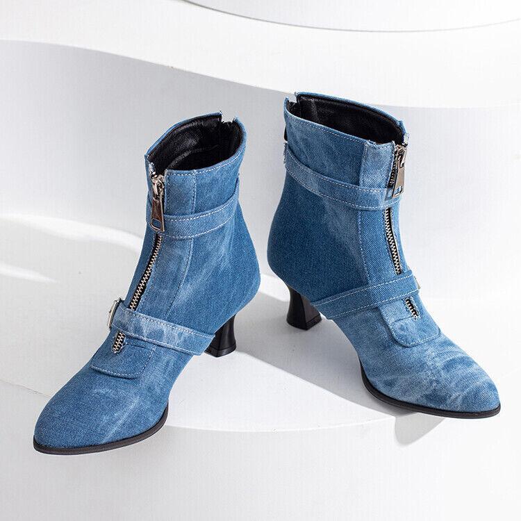 Belt Women’s Kitten Mid Heel Front Zipper Ankle Boots Shoes Cowgirl Denim Retro