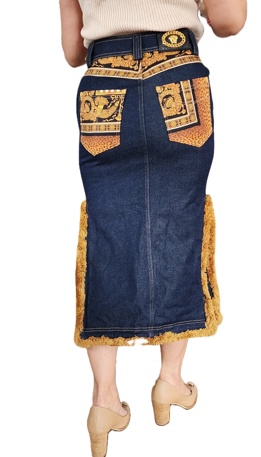 $2995 Designer VERSACE Women’s Indigo Gold Stitching Medusa Long Denim Skirt 40