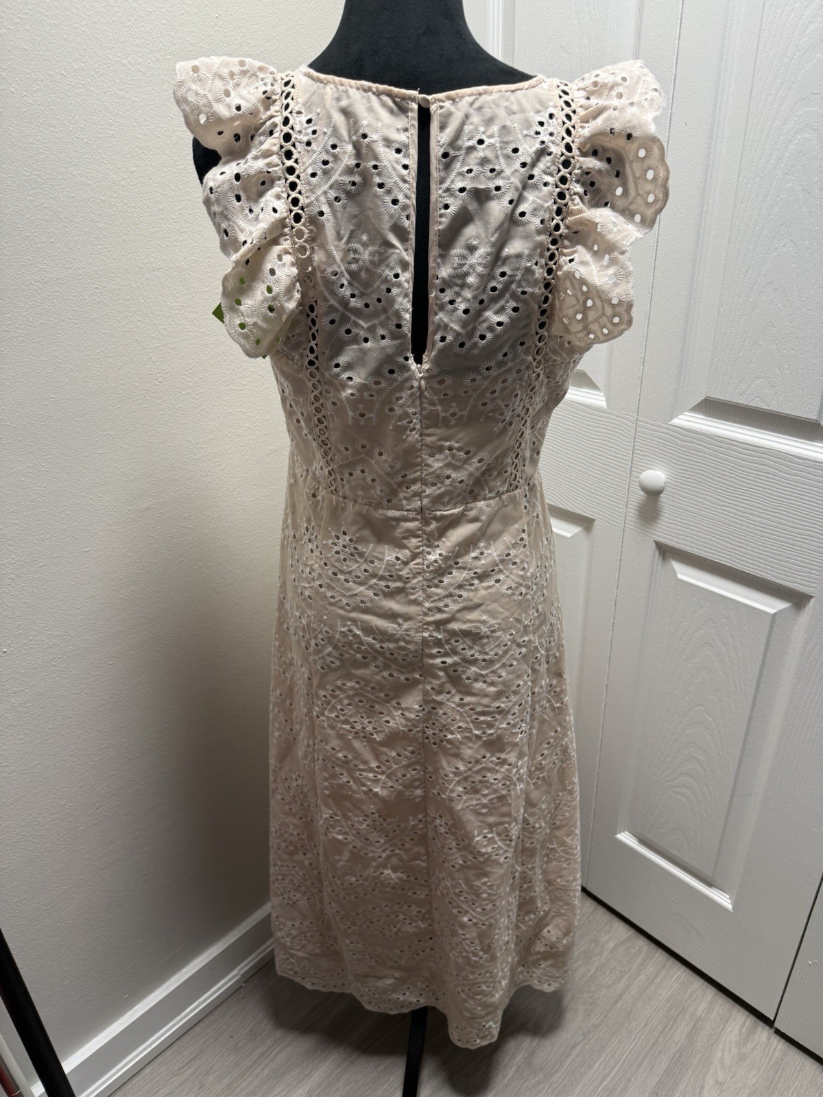 Sam Edelman Natural Solid Eyelet Midi Dress Ruffle Sleeve Round Neck 10 M65223